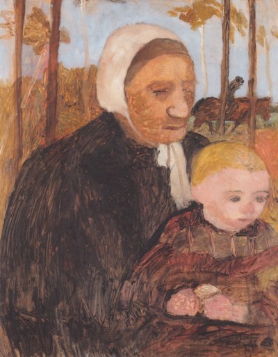 Contadina con bambino, sullo sfondo un cavaliere da Paula Modersohn Becker